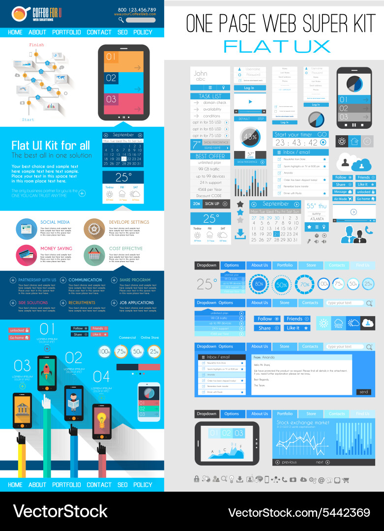 One Page Website Template - Flat UI Vector Image