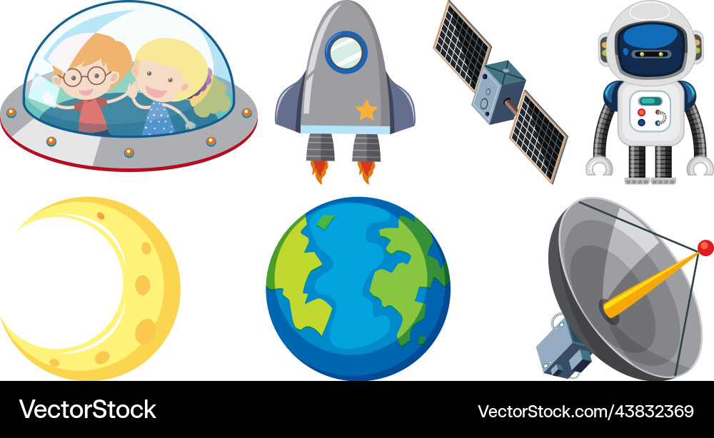 Set of space cartoon characters and objects Set of space cartoon characters and objects vector image