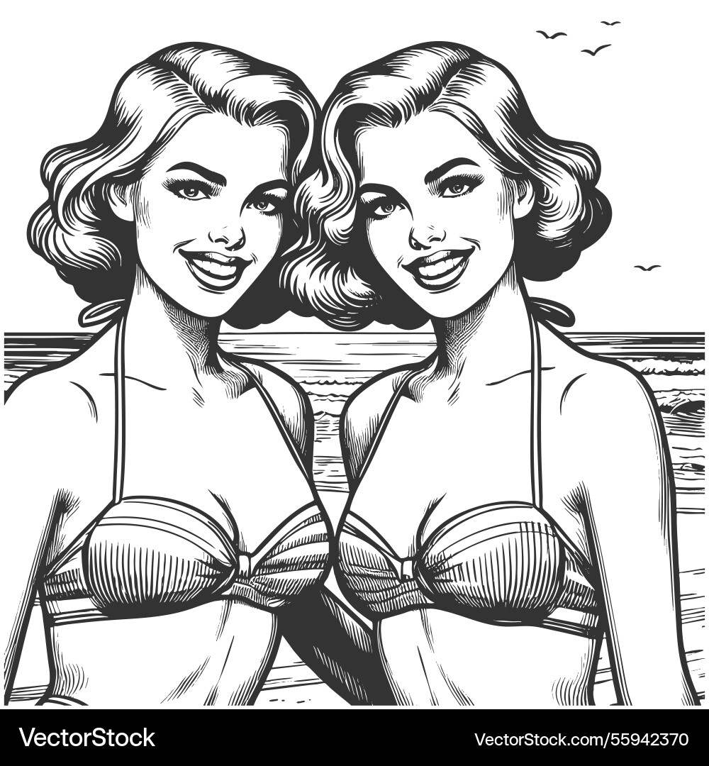 Smiling twin women in vintage beach scene Smiling twin women in vintage beach scene vector image