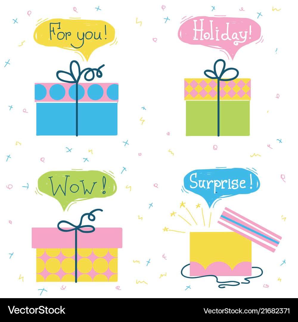 Gift boxes set of color presents with text vector image