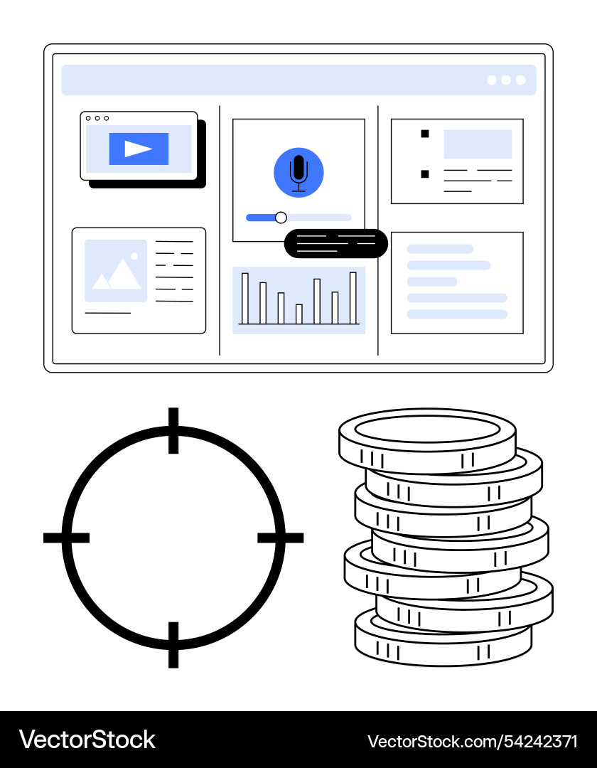 Multimedia dashboard with target icon and stack Multimedia dashboard with target icon and stack Vector Image