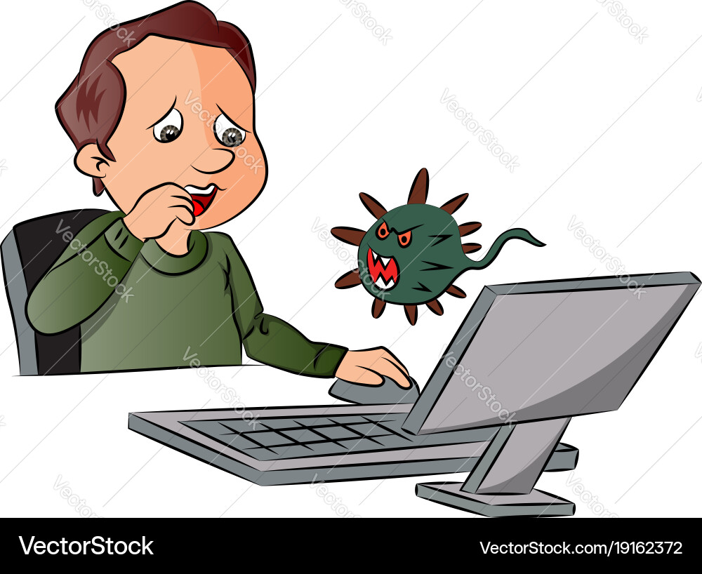 Man scared by looking at computer virus Vector Image