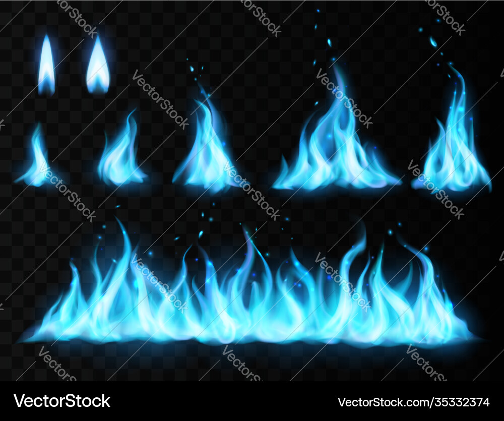 Blue fire flame set transparent background Vector Image