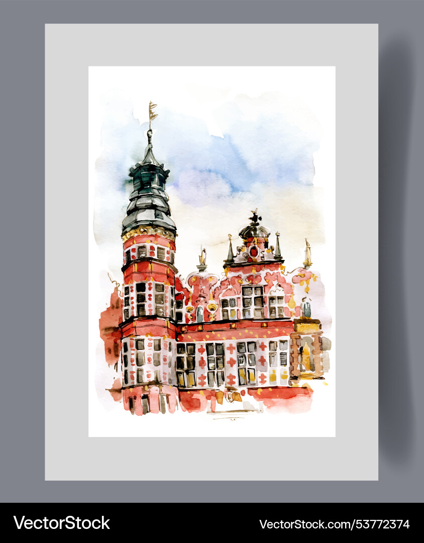 Old red building with tower flag on top under Old red building with tower flag on top under Vector Image
