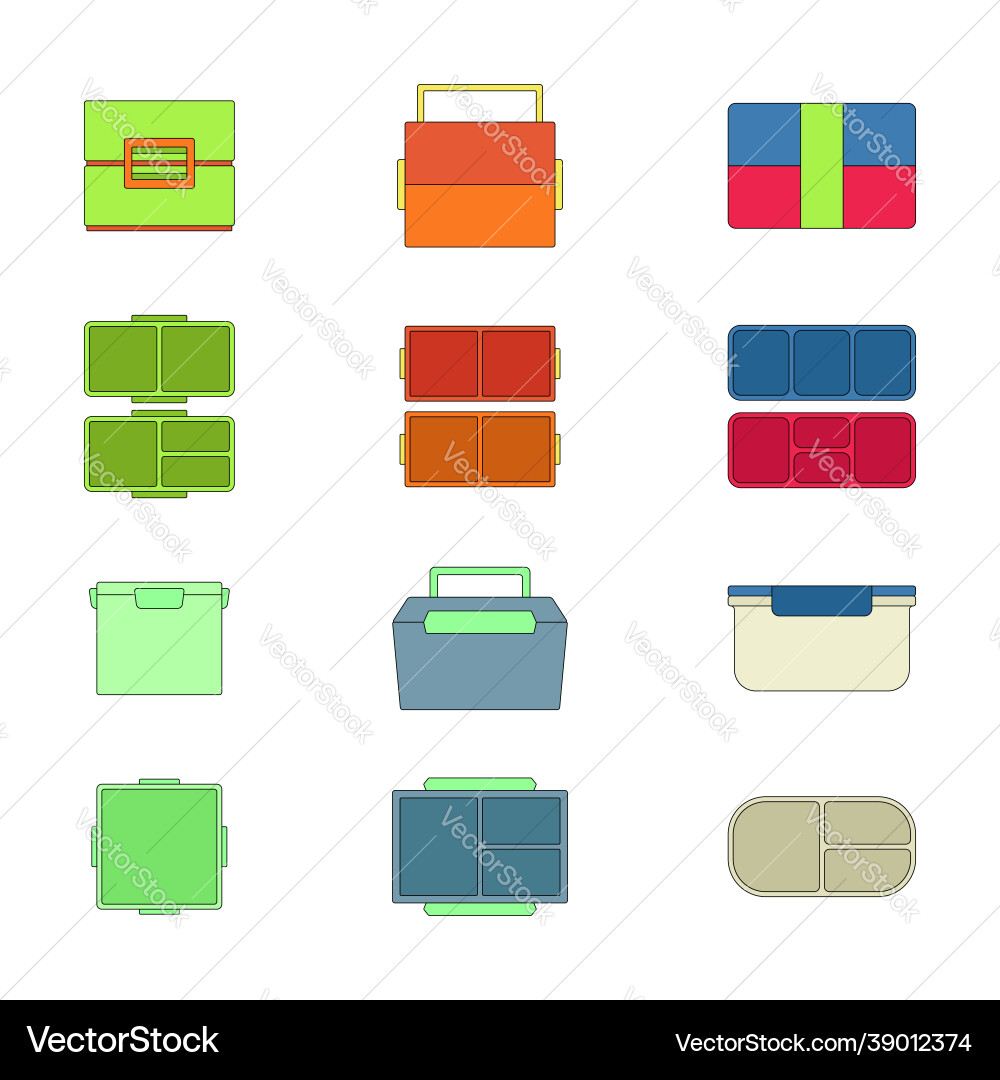 Set multicolored minimalistic lunchbox icons Set multicolored minimalistic lunchbox icons vector image
