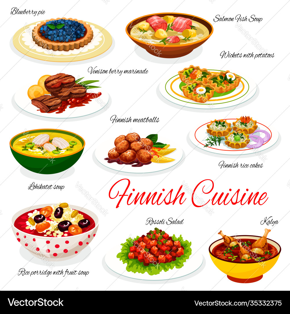 Finnish cuisine fish dishes with meat vegetables Finnish cuisine fish dishes with meat vegetables vector image