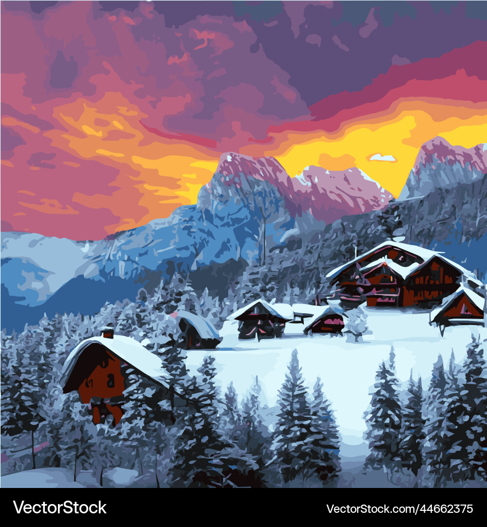 Winter mountain landscape with wooden house Winter mountain landscape with wooden house vector image