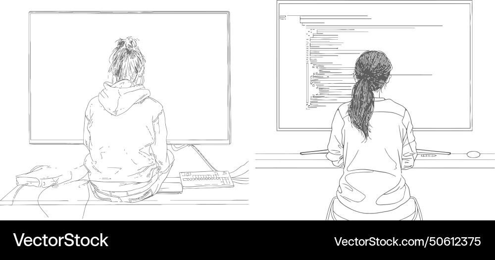 Woman programmer sits in front of a large monitor vector image