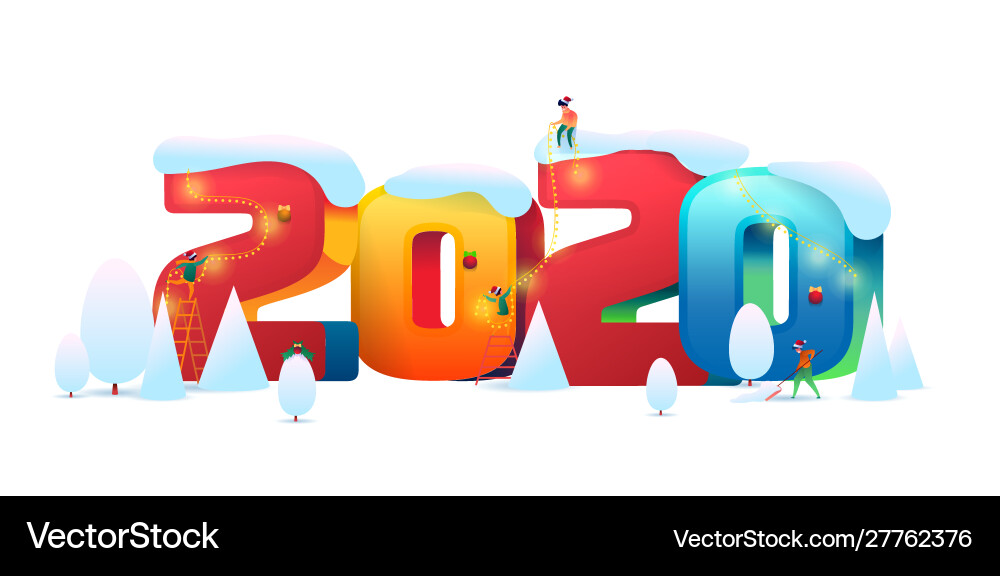 Flat people decorate building a 2020 number Flat people decorate building a 2020 number vector image