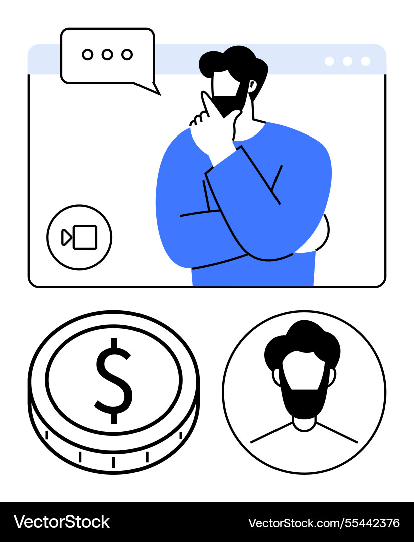 Man thinking during video call with currency coin Man thinking during video call with currency coin vector image