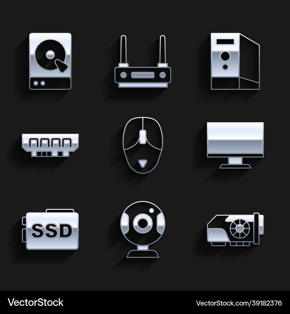 Set computer mouse web camera video graphic card Set computer mouse web camera video graphic card vector image