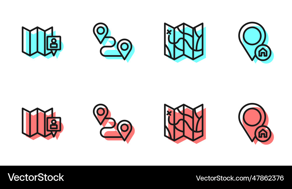 Set line folded map with location marker route Set line folded map with location marker route vector image