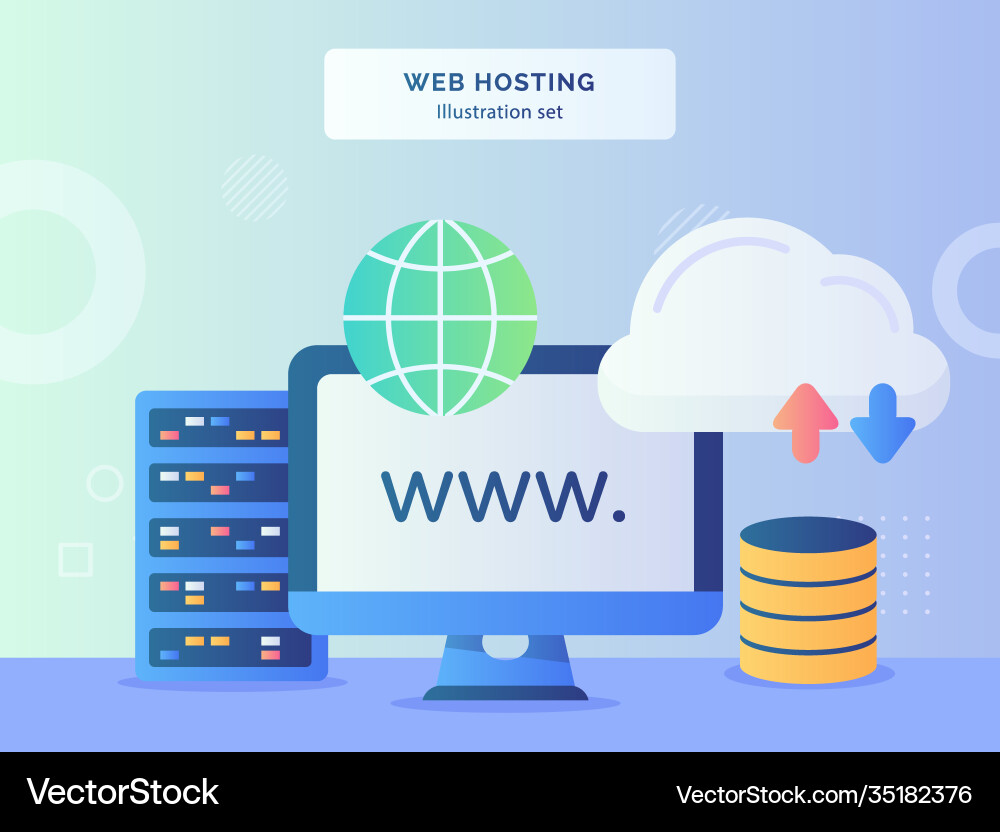 Web-Hosting-Set Website-Anzeige Monitor Computer Vektorbild