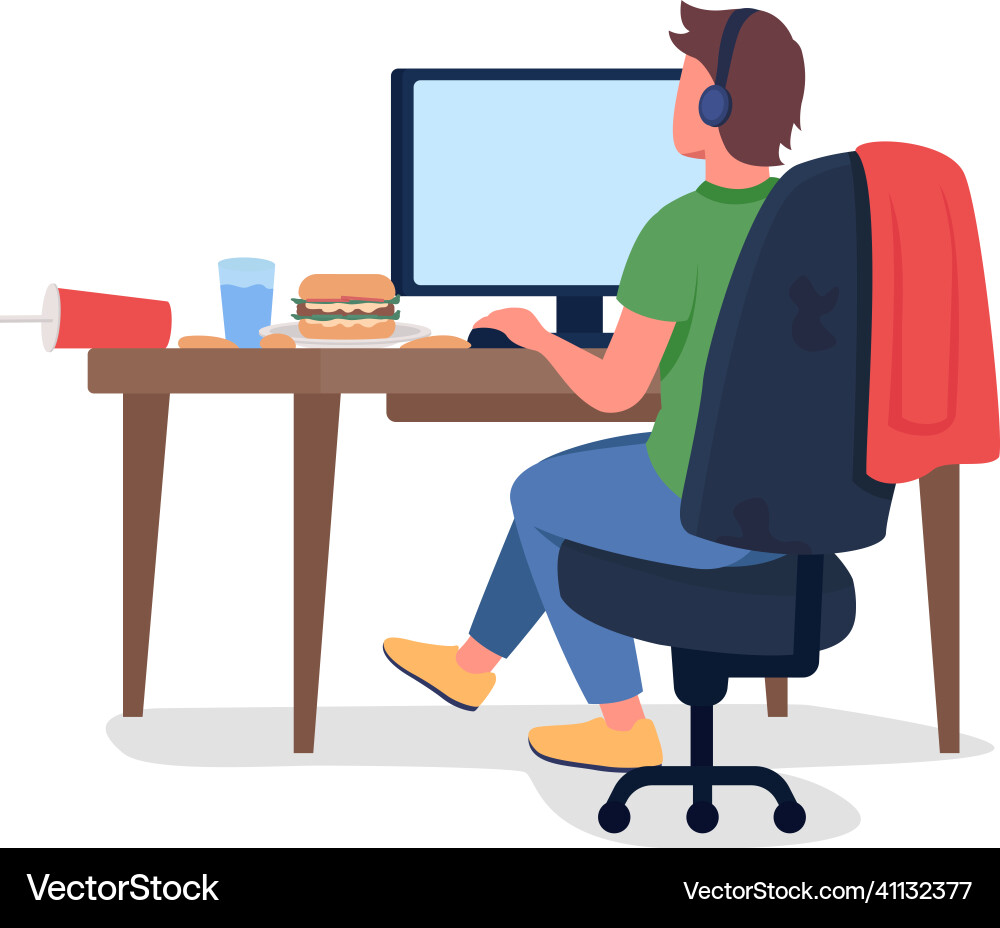 Man at computer desk semi flat color character Man at computer desk semi flat color character vector image