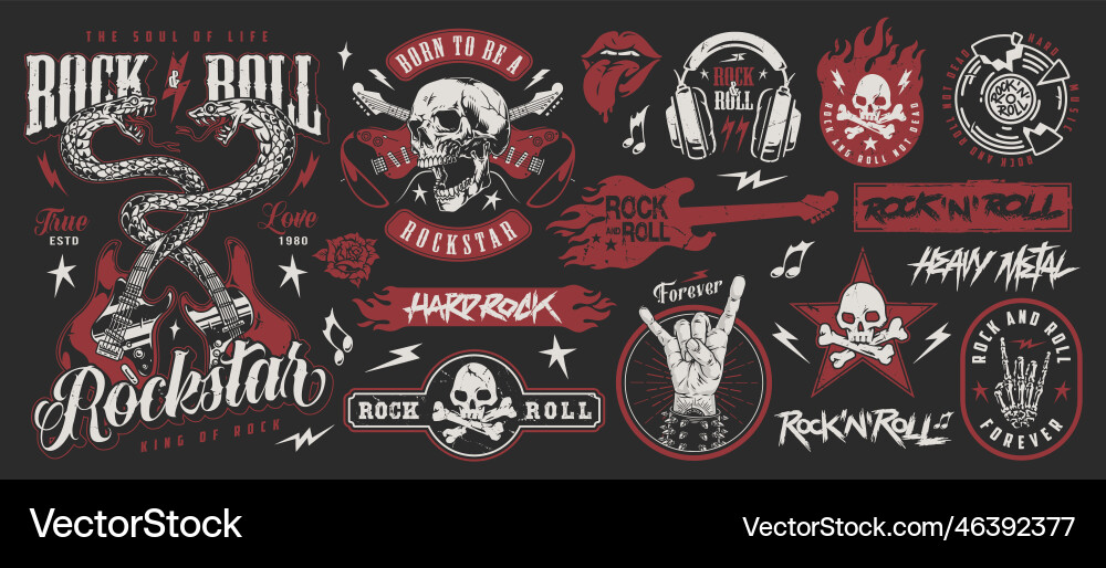Rock party colorful set stickers Royalty Free Vector Image