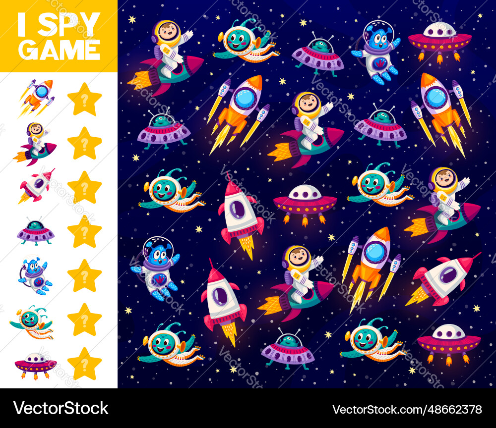 I spy game with space characters in galaxy I spy game with space characters in galaxy vector image
