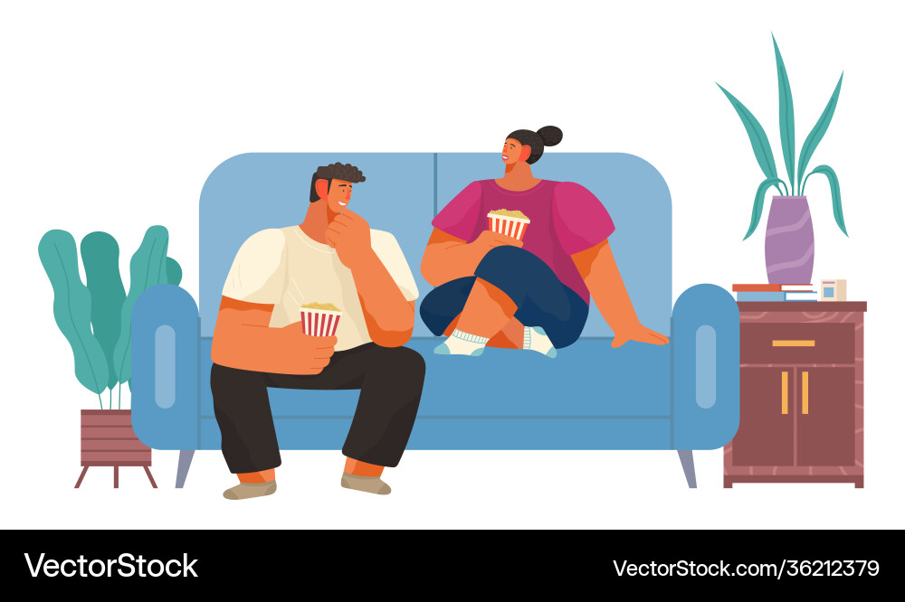 Couple sitting on sofa cuddling and eating popcorn Couple sitting on sofa cuddling and eating popcorn vector image