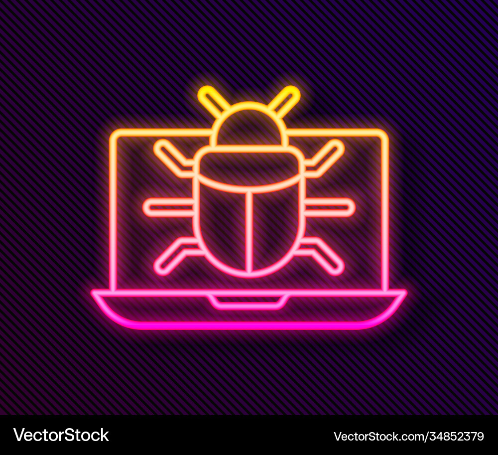 Glowing neon line system bug on monitor icon Glowing neon line system bug on monitor icon Vector Image