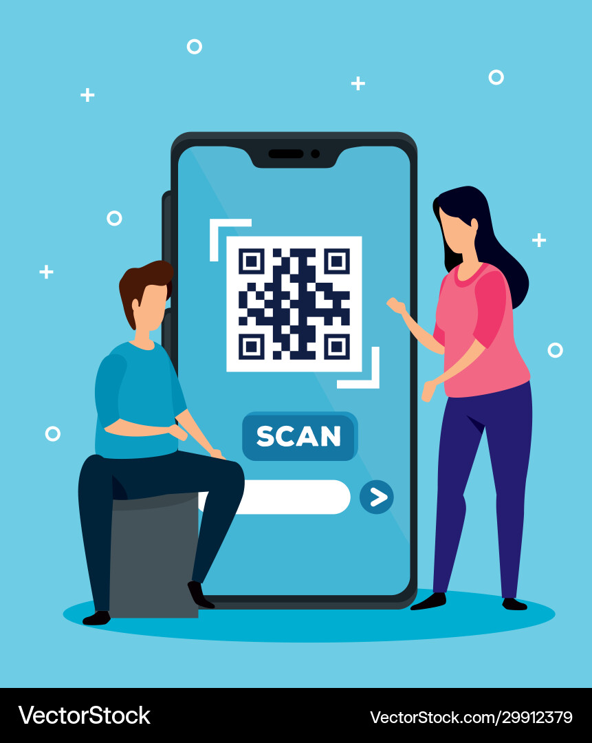 Scan code qr with smartphone and business couple Scan code qr with smartphone and business couple Vector Image