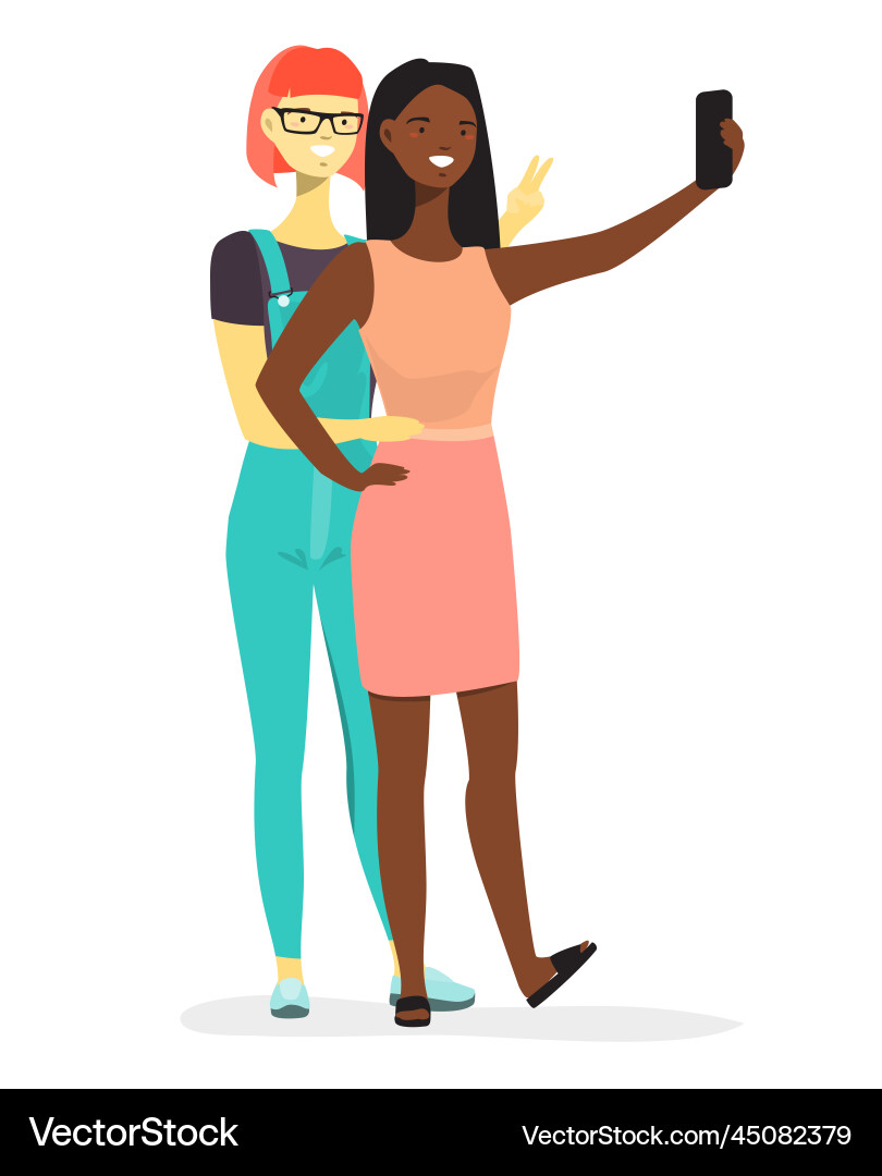 Two interracial girls friends taking selfie Two interracial girls friends taking selfie vector image