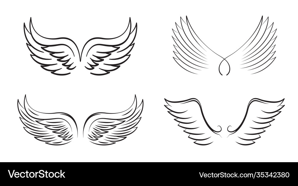 Black Angel Wings Set - Outline Icons Vector Image