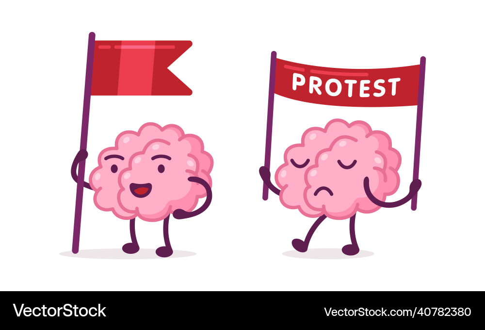 Funny brain character with flag on pole Funny brain character with flag on pole Vector Image