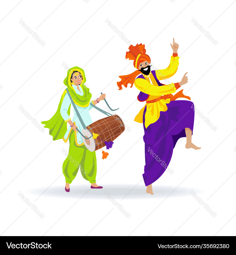 Happy colorful sikh couple playing drum dancing Happy colorful sikh couple playing drum dancing vector image