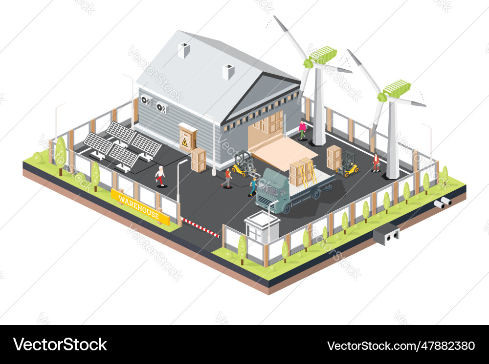 Isometric distribution logistic center with solar Isometric distribution logistic center with solar vector image