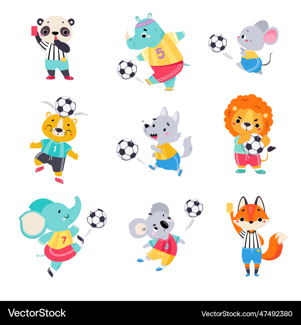Lustige Tierfiguren spielen Fußball tragen Lustige Tierfiguren spielen Fußball tragen vektorbild