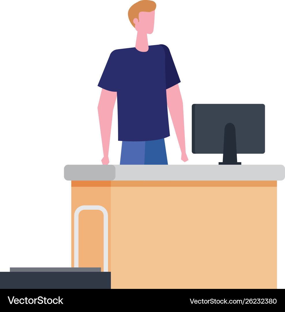 Man working in airport with computer Man working in airport with computer Vector Image