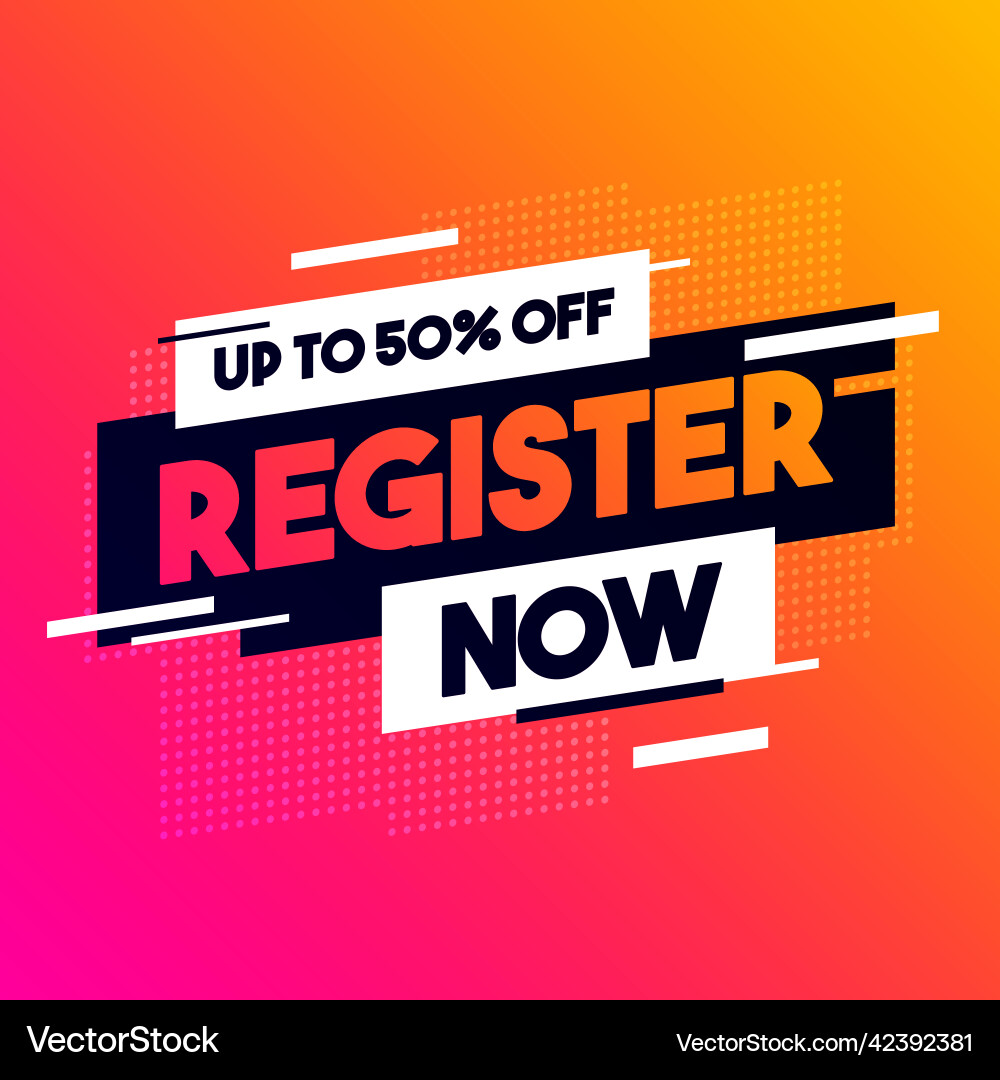 Dynamic glitch label with text register now Dynamic glitch label with text register now vector image