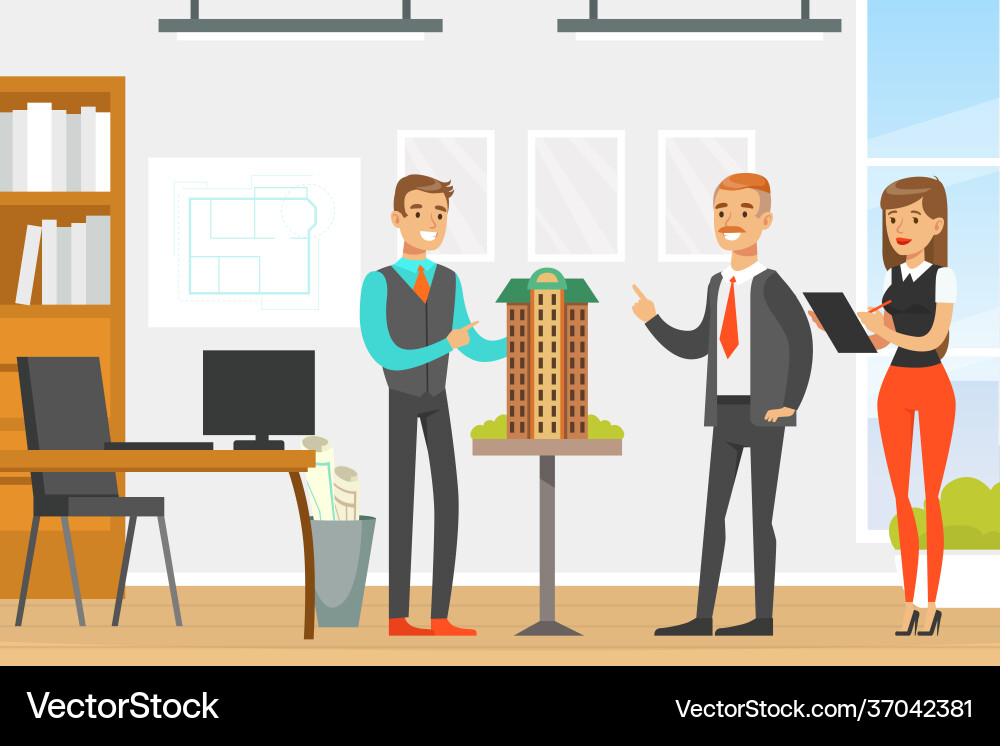 Man architect presenting architectural model Vector Image