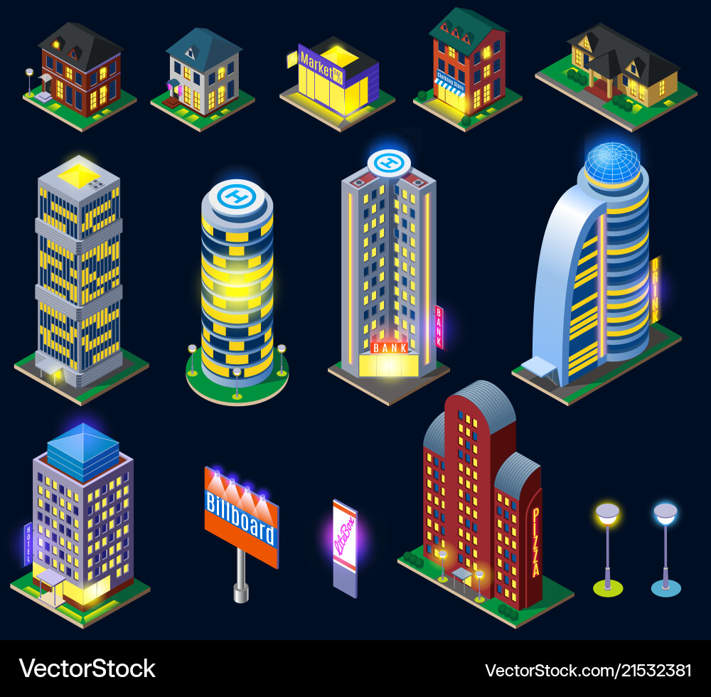 Night city isometric icons Night city isometric icons vector image