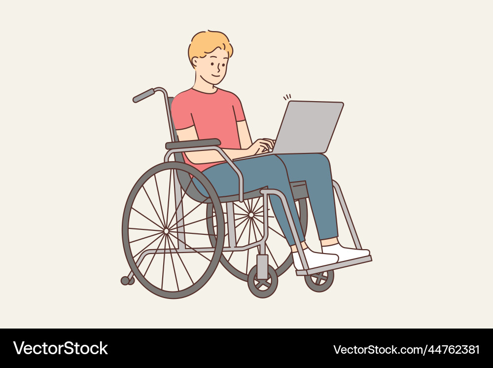Smiling man in wheelchair work on computer Smiling man in wheelchair work on computer vector image