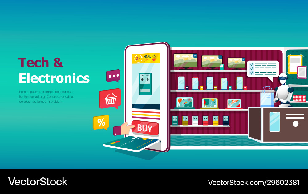 Tech and electronics shop with robotic assistant vector image