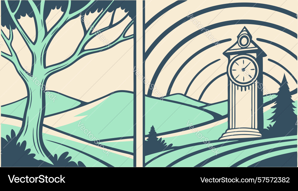 Radiant lighthouse and tree in a circular motif vector image