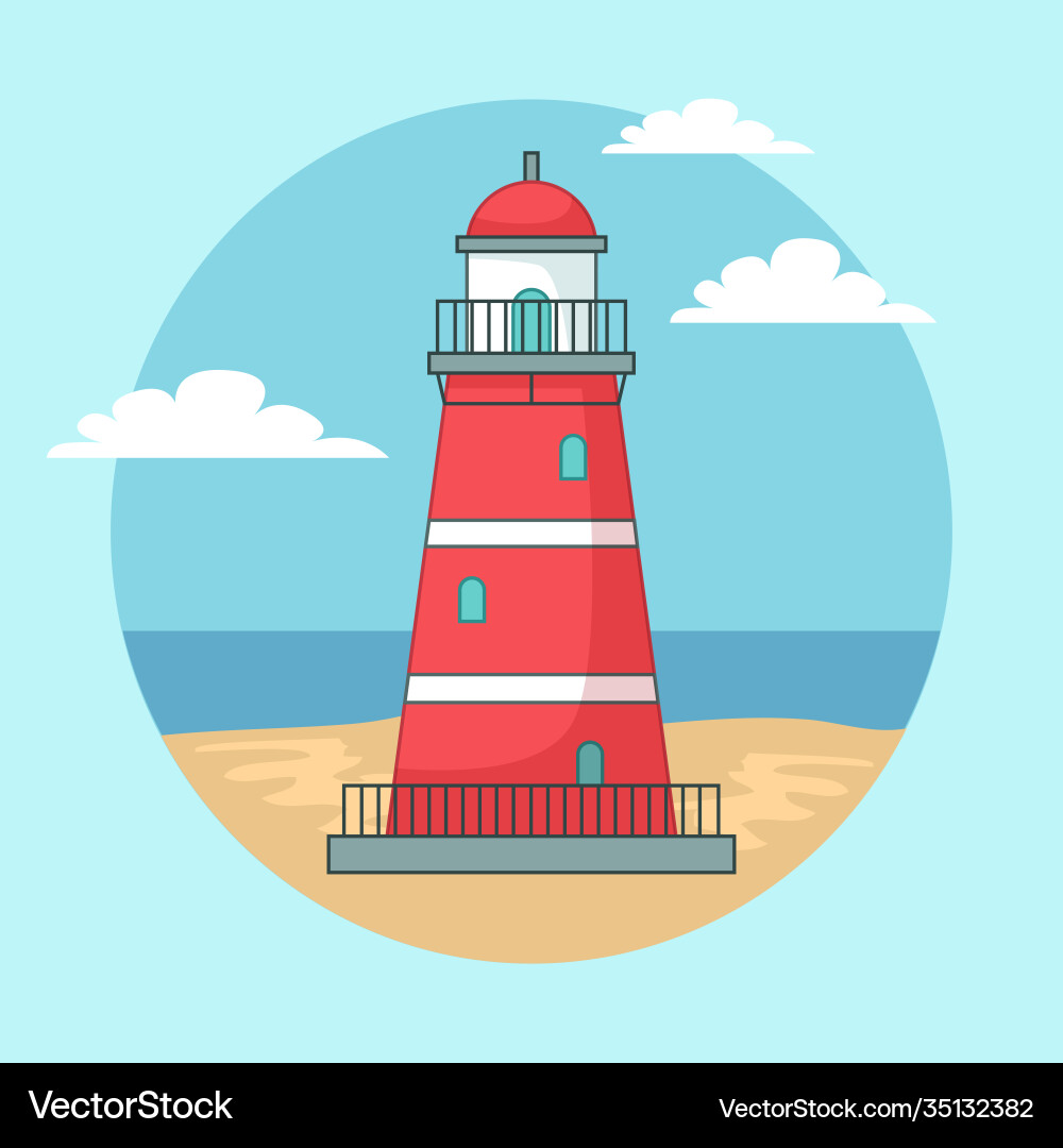 Red lighthouse on ocean or sea beach landscape Red lighthouse on ocean or sea beach landscape vector image