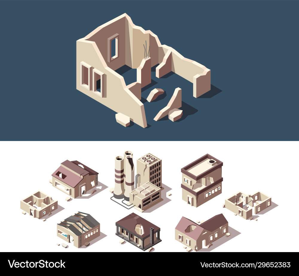Isometric Abandoned Buildings Vector Image