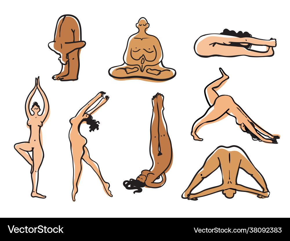 Naked yoga bodies set asanas sketch Royalty Free Vector