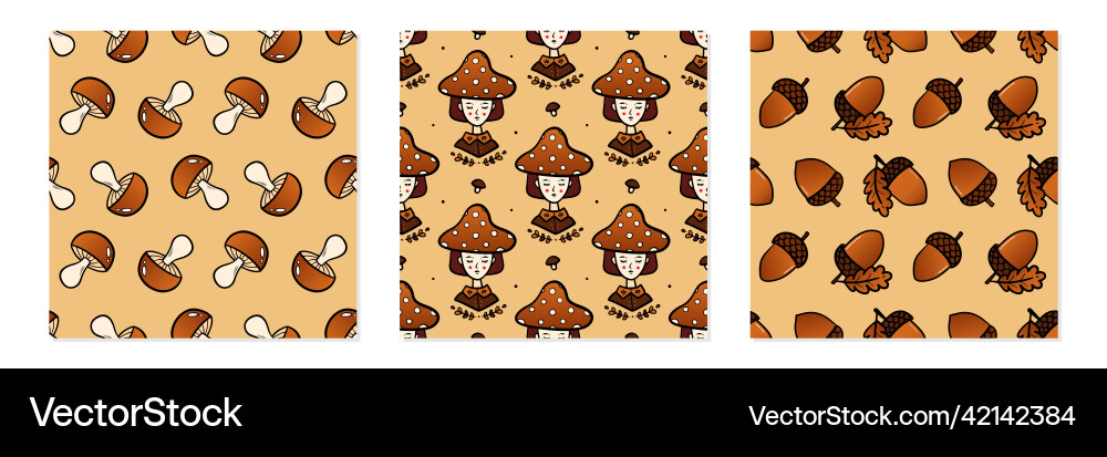 Autumn fall patterns set with mushrooms acorns Autumn fall patterns set with mushrooms acorns vector image
