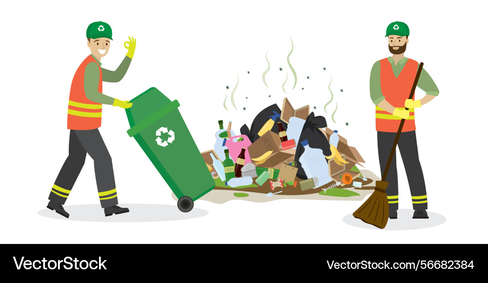 Garbage collectors and trash can with piles vector image