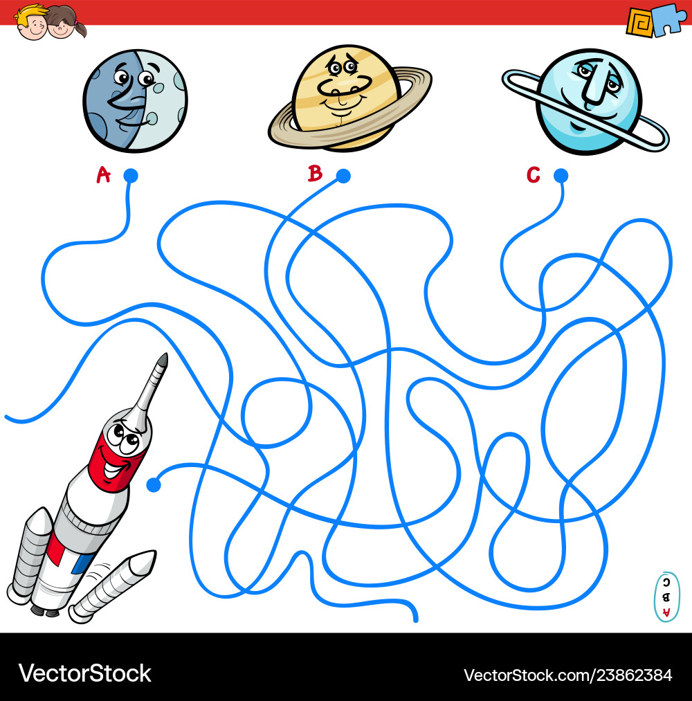 Maze game with space rocket and planets Maze game with space rocket and planets Vector Image