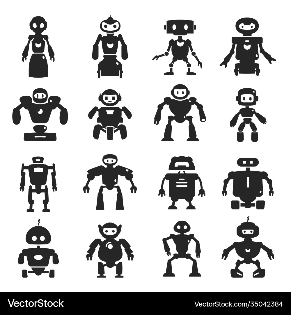 Robot black icon set characters for game media Vector Image
