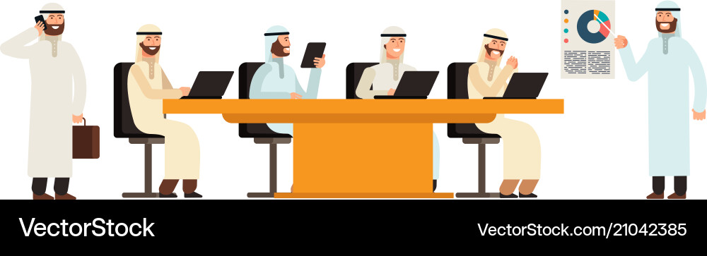 Arab businessman group at table in business Arab businessman group at table in business vector image
