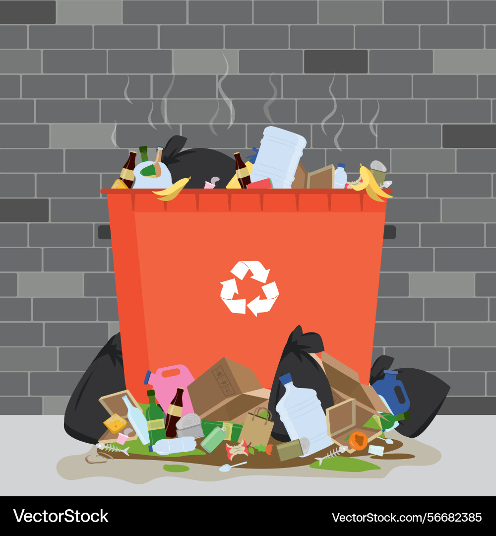Trash can with piles of garbage dirty vector image