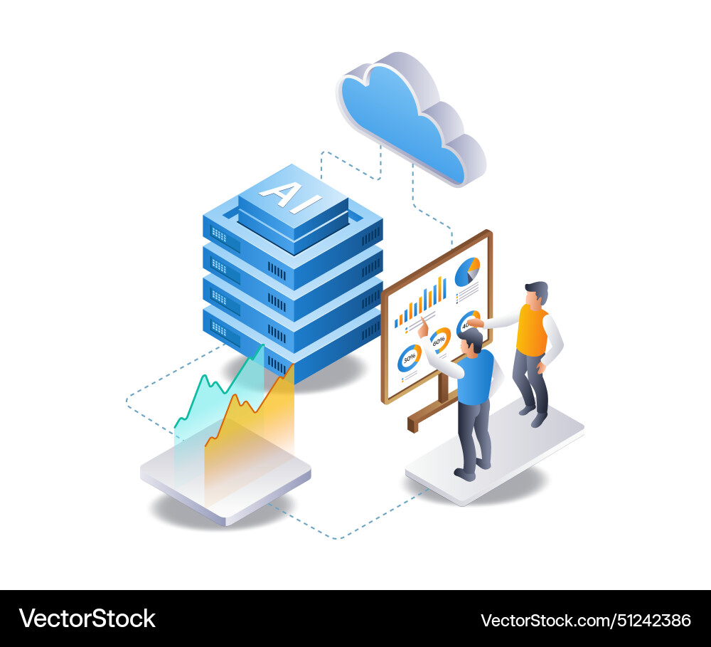 Team analyzing cloud server ai development data Team analyzing cloud server ai development data Vector Image