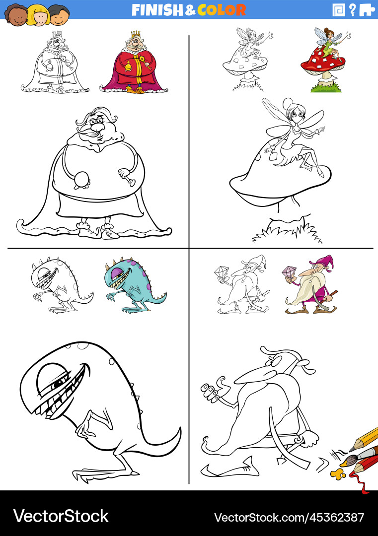 Drawing and coloring task with fantasy characters Vector Image
