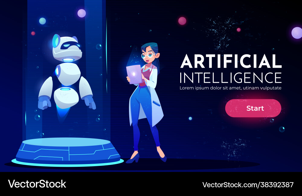 Frau Wissenschaftlerin vor Panda Roboter Neon Banner Frau Wissenschaftlerin vor Panda Roboter Neon Banner vektorbild