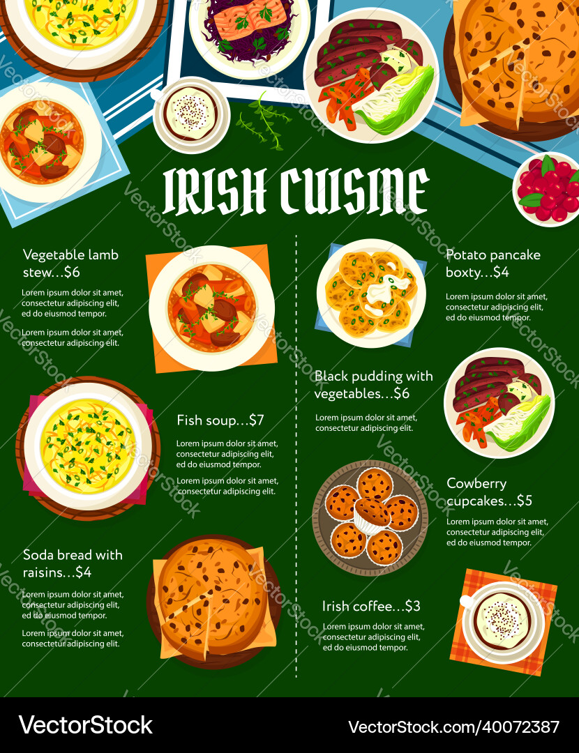Irish cuisine menu with ireland food meals Irish cuisine menu with ireland food meals vector image