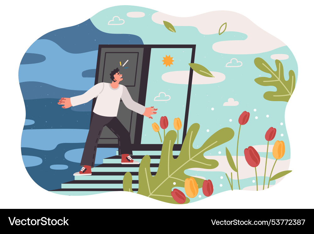 Progress for man getting out of cloudy place Progress for man getting out of cloudy place vector image